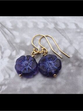 Dark Indigo Blue Glass Flower Earrings w/ 14k Gold Filled Ear Wire *New in Box*